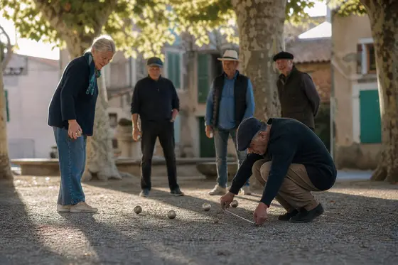Un couple de retraités joue à la pétanque sur une place de village sous les platanes
