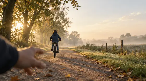 Un enfant vu de dos s'élance seul à vélo sur un chemin de campagne brumeux à l'aube, tandis qu'au premier plan une main d'adulte vient de lâcher la selle.