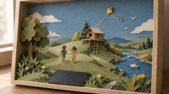 Alternatives aux écrans : diorama en papier découpé où une tablette éteinte s'efface devant un monde de collines, une cabane, un cerf-volant et deux enfants qui courent.
