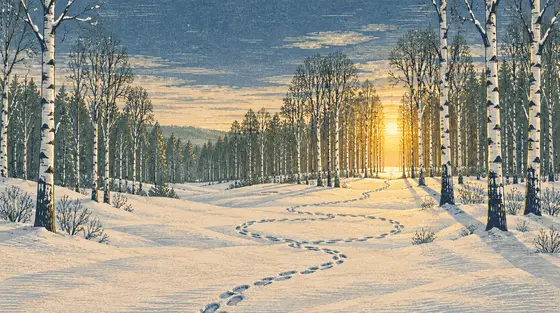 Apprendre à apprendre : sentier de pas dans la neige qui revient sur lui-même dans une forêt de bouleaux au lever du soleil, gravure sur bois colorée