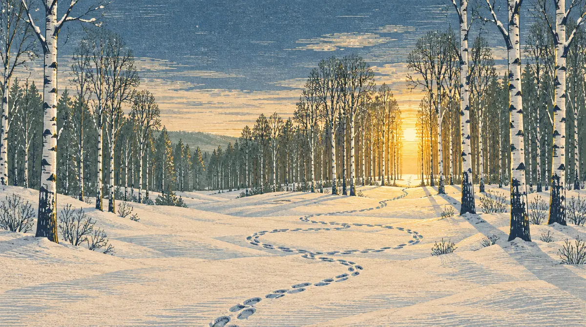 Apprendre à apprendre : sentier de pas dans la neige qui revient sur lui-même dans une forêt de bouleaux au lever du soleil, gravure sur bois colorée
