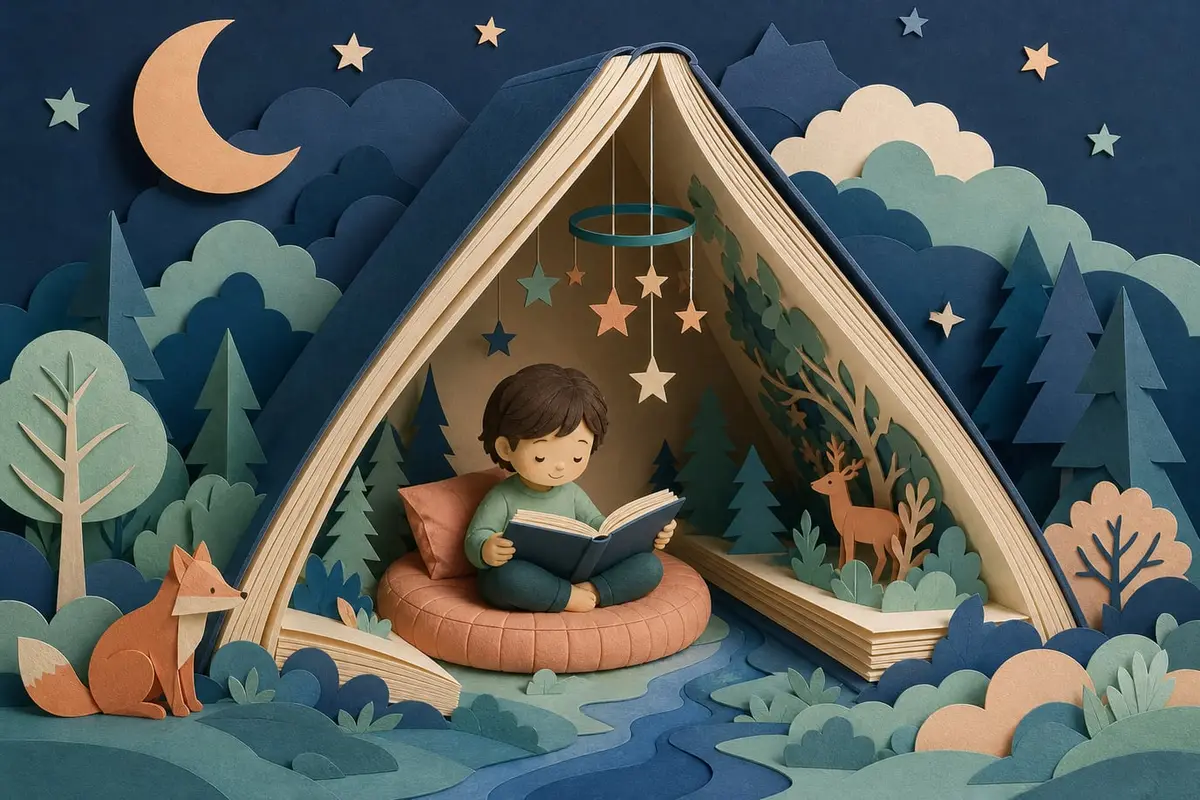 Un enfant lit dans un coin lecture en papier découpé, sous un grand livre ouvert en forme de tente
