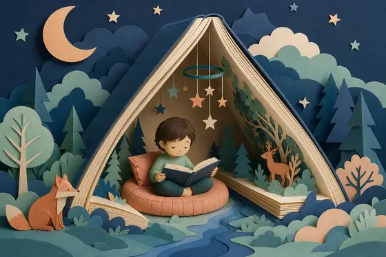 Un enfant lit dans un coin lecture en papier découpé, sous un grand livre ouvert en forme de tente