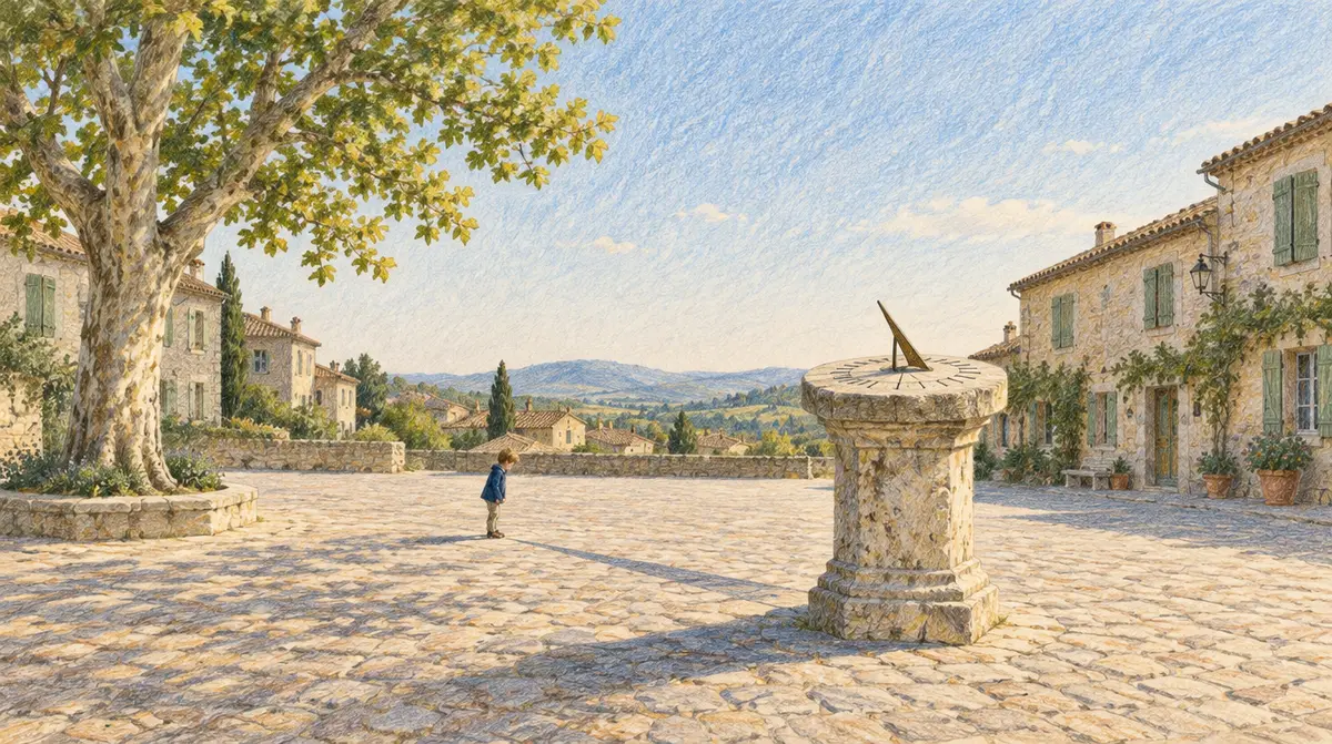 Apprendre à lire l'heure : un enfant observe l'ombre d'un cadran solaire sur une place de village, illustration aux crayons de couleur