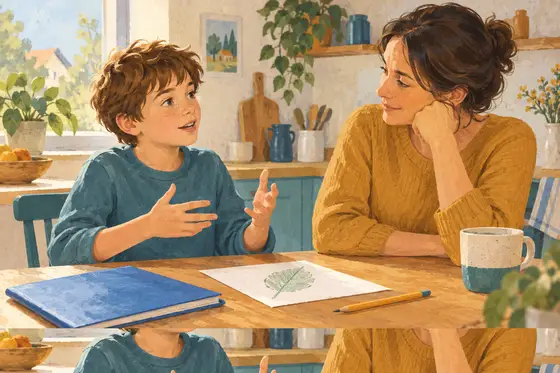 Illustration d’un enfant qui explique une leçon à un adulte, cahier fermé.
