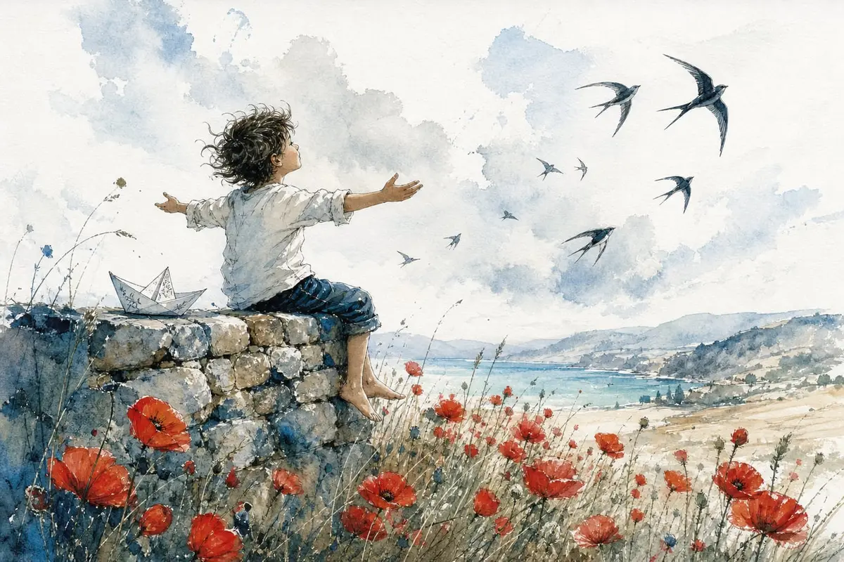Un enfant récite sur un muret au milieu des coquelicots, des hirondelles dans le ciel