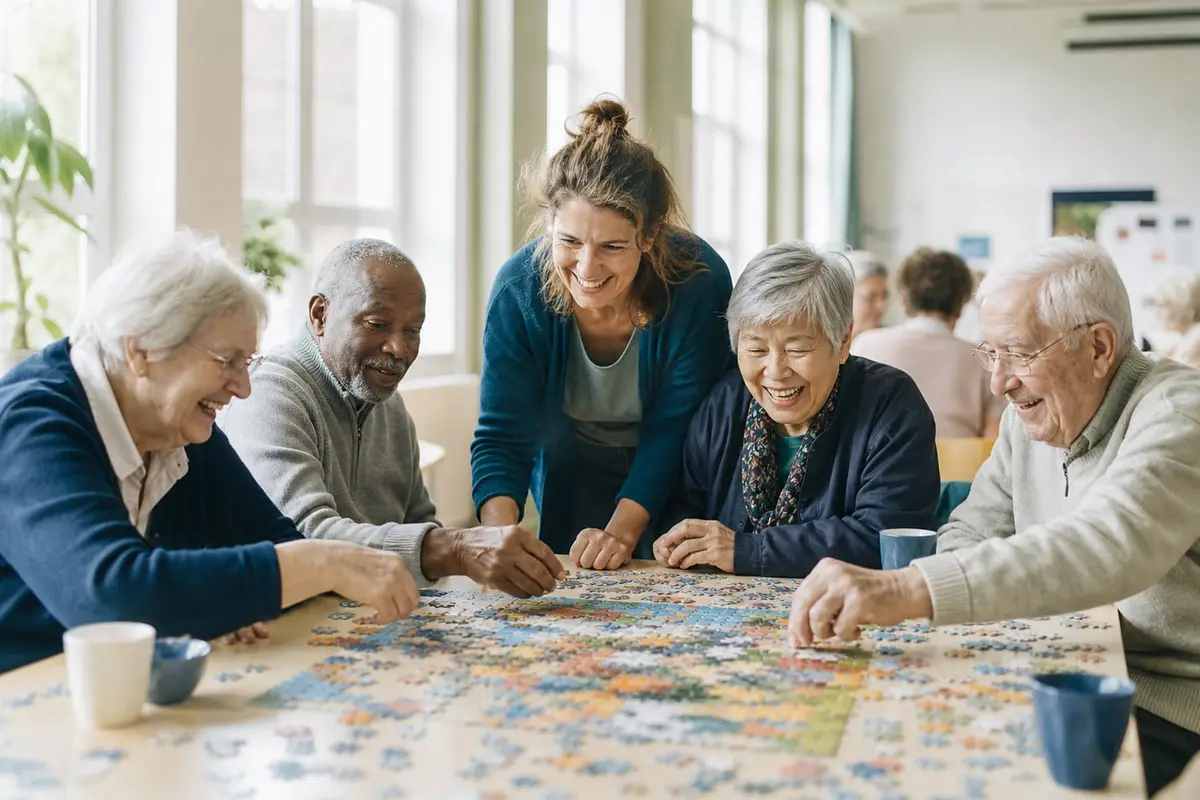 Des seniors assemblent un puzzle ensemble dans une salle lumineuse