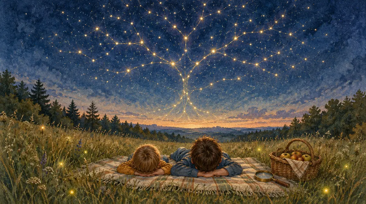 Augmenter le QI d’un enfant : deux enfants allongés dans une prairie au crépuscule contemplent des étoiles qui dessinent un arbre lumineux, un panier de pommes et une loupe à côté