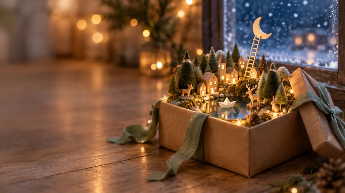 Cadeau enfant sans écran : une boîte cadeau en papier kraft ouverte d’où surgit un petit monde miniature en bois et en feutre, près d’une fenêtre enneigée