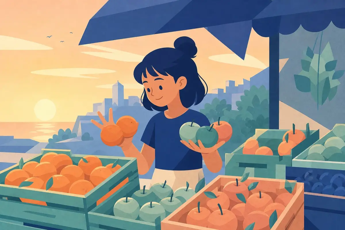 Une fillette compte mentalement des oranges et des pommes sur un étal de marché