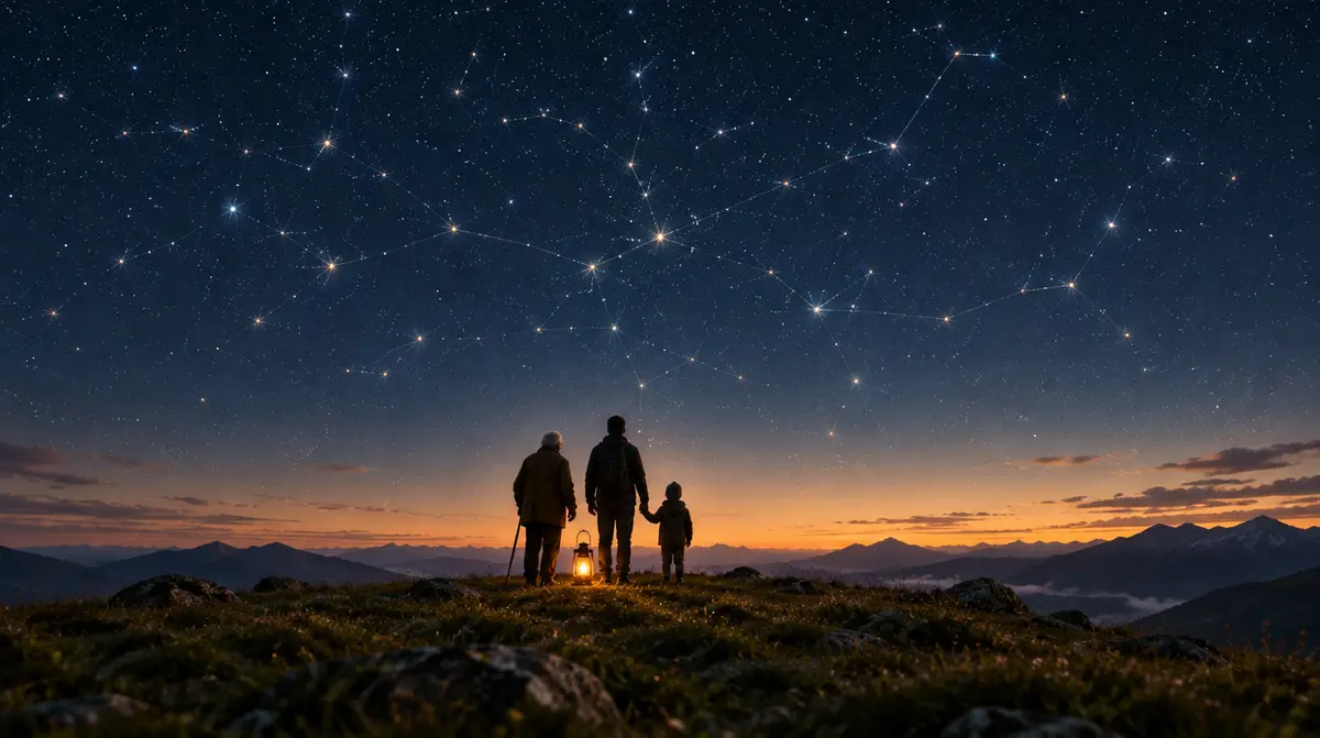 Capacités cognitives : trois générations (grand-parent, adulte, enfant) regardent un ciel étoilé dont les constellations dessinent un réseau de neurones, une lanterne à leurs pieds