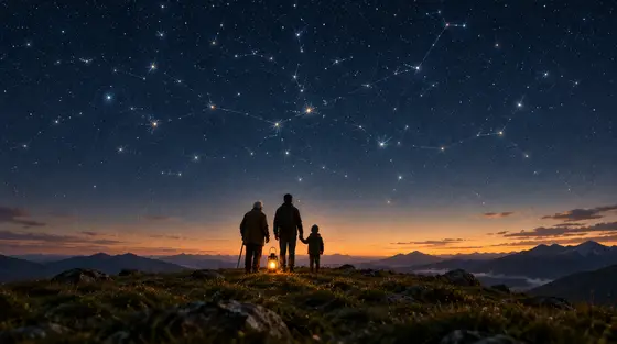 Capacités cognitives : trois générations (grand-parent, adulte, enfant) regardent un ciel étoilé dont les constellations dessinent un réseau de neurones, une lanterne à leurs pieds