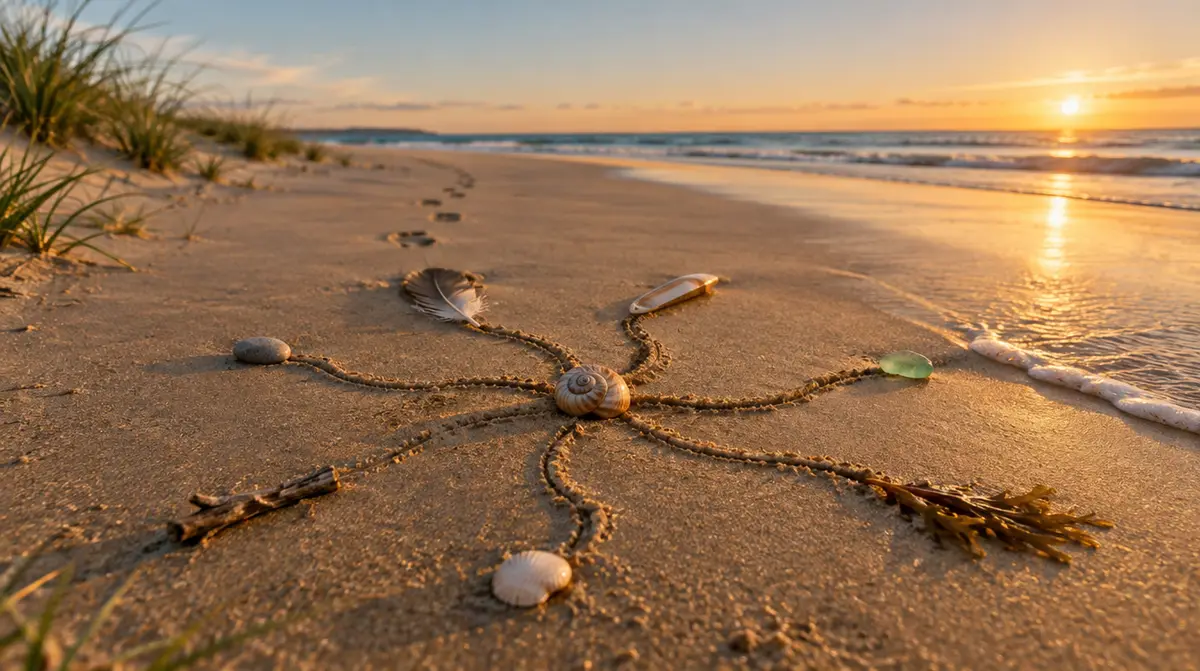 Carte mentale dessinée dans le sable humide d’une plage au coucher du soleil : un coquillage au centre, sept branches terminées par un galet, une plume et d’autres trouvailles