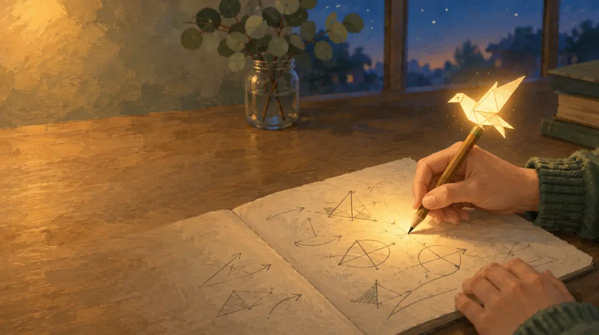 ChatGPT pour les devoirs : les mains d’un adolescent écrivent dans un cahier de géométrie, un petit oiseau en origami lumineux posé sur le crayon éclaire la page