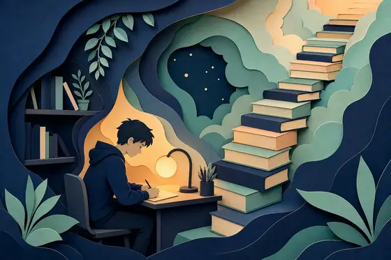 Un adolescent à son bureau, des livres qui forment un escalier, en papier découpé