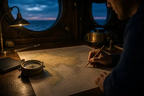 Dans une cabine de navigation, une main trace la route sur une carte, une tablette posée face cachée