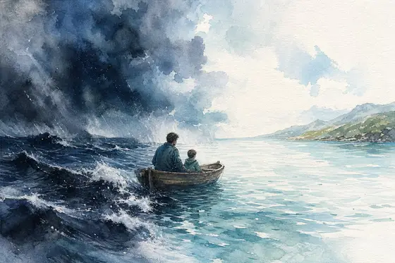 Un adulte et un enfant dans une barque, d'une mer agitée vers une mer calme