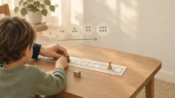 Un enfant de dos et un adulte avancent un pion sur un plateau de jeu à dix cases alignées, avec un dé posé sur la table.