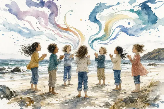 Des enfants en cercle sur une plage frappent dans leurs mains, leurs voix dessinées comme des ondes colorées
