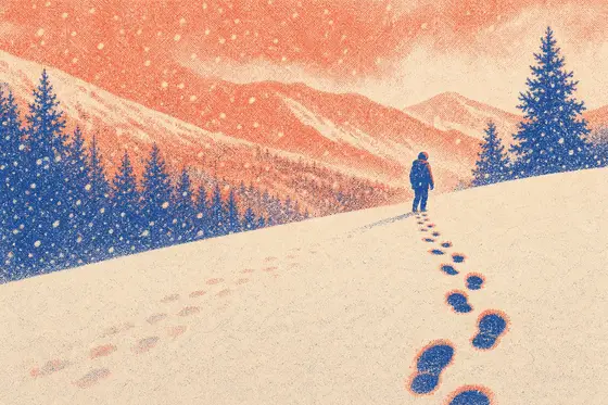 Des traces de pas dans la neige qui s'effacent peu à peu, une silhouette repasse sur le chemin
