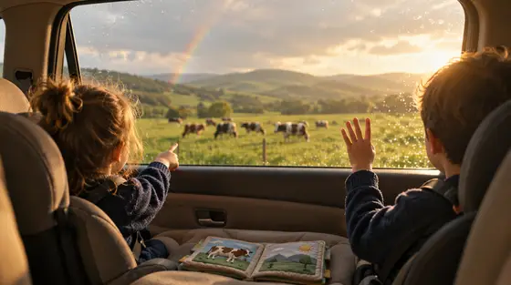 Écrans entre 3 et 6 ans : deux enfants de dos dans la voiture regardent des vaches et un arc-en-ciel par la fenêtre, un livre en tissu ouvert entre eux