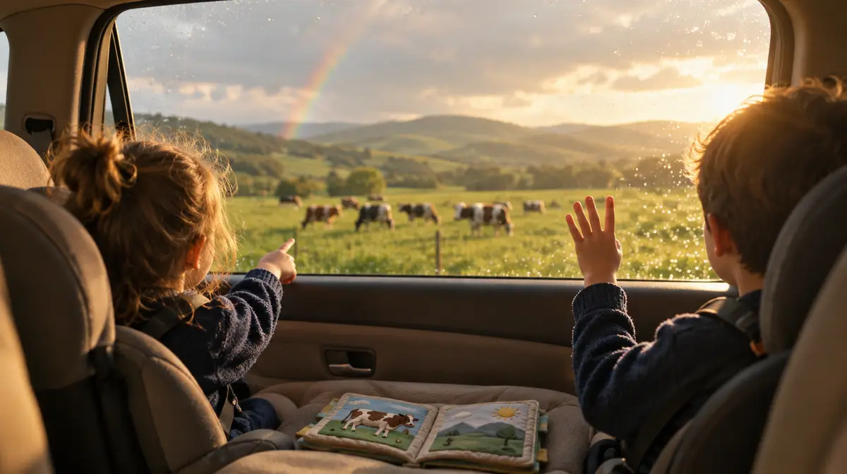 Écrans entre 3 et 6 ans : deux enfants de dos dans la voiture regardent des vaches et un arc-en-ciel par la fenêtre, un livre en tissu ouvert entre eux