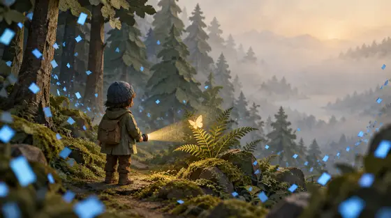 Écrans et concentration : un enfant seul de dos dans une forêt brumeuse en papier découpé éclaire un papillon lumineux pendant que des éclats d’écran bleus s’éloignent
