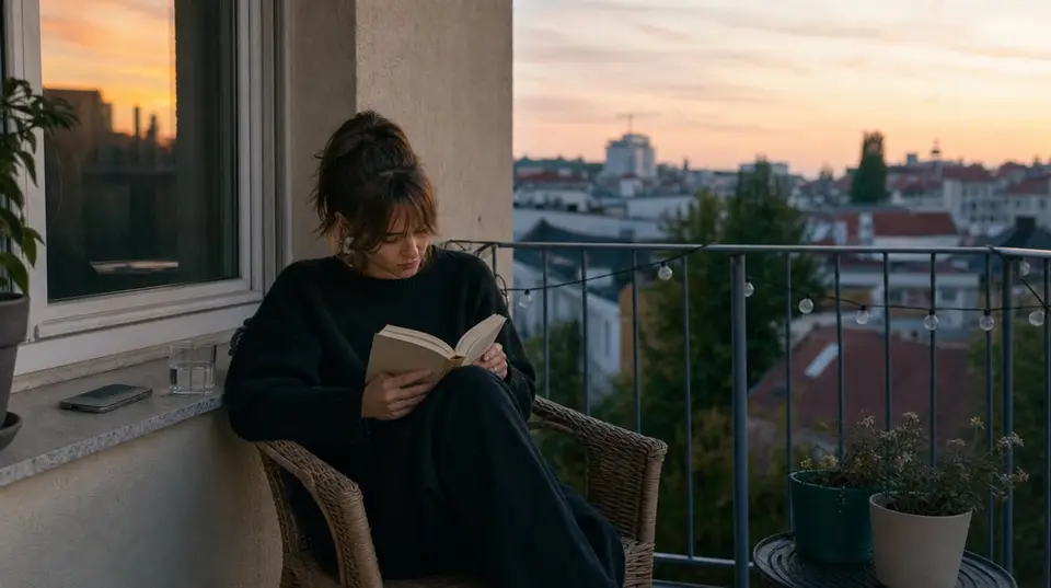 Une personne lit un livre papier sur un balcon le soir, le téléphone posé loin, face cachée
