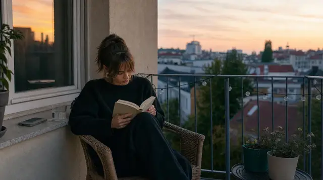 Une personne lit un livre papier sur un balcon le soir, le téléphone posé loin, face cachée
