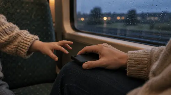 Enfant et jeux vidéo : dans un train sous la pluie, la main d'un enfant se tend vers un téléphone que la main d'un adulte retourne calmement, écran caché.