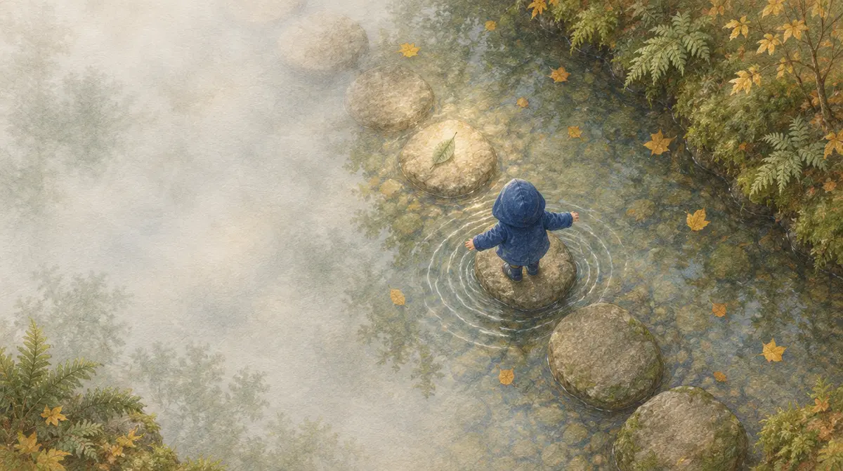 Illustration aux crayons de couleur, vue du dessus : un enfant en ciré bleu marine traverse un ruisseau brumeux d’automne sur des pierres de gué, la pierre suivante éclairée par la lumière du matin.