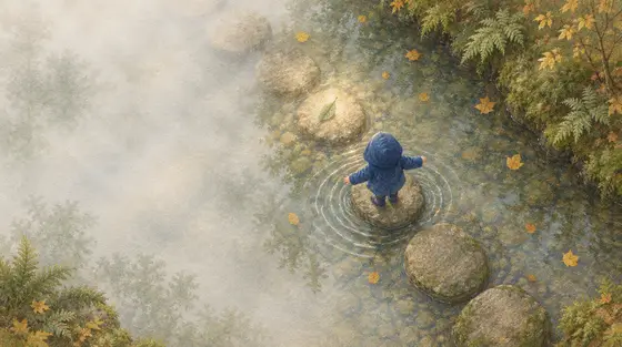 Illustration aux crayons de couleur, vue du dessus : un enfant en ciré bleu marine traverse un ruisseau brumeux d’automne sur des pierres de gué, la pierre suivante éclairée par la lumière du matin.