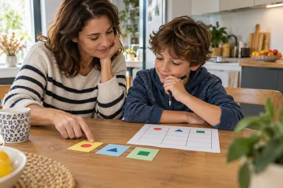Un adulte et un enfant résolvent ensemble une énigme de classement avec des cartes de formes colorées.