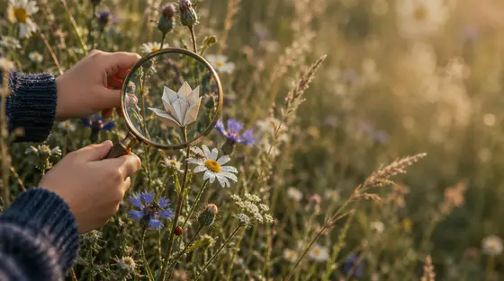 Esprit critique des enfants : des mains d’enfant tiennent une loupe au-dessus de fleurs des champs et révèlent qu’une des fleurs est une imitation en papier plié