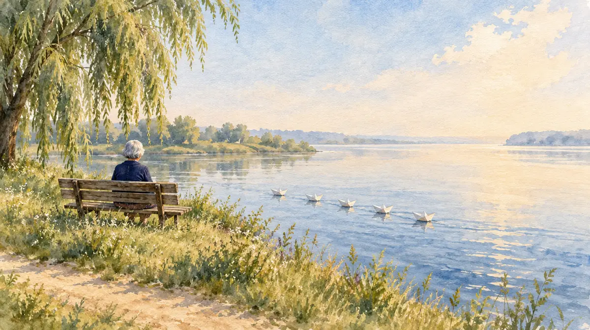 Exercice mémoire senior : une femme âgée assise sur un banc au bord d’une rivière regarde des bateaux en papier flotter, aquarelle
