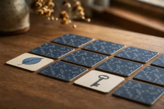 Un jeu de paires sur une table en noyer, deux cartes retournées