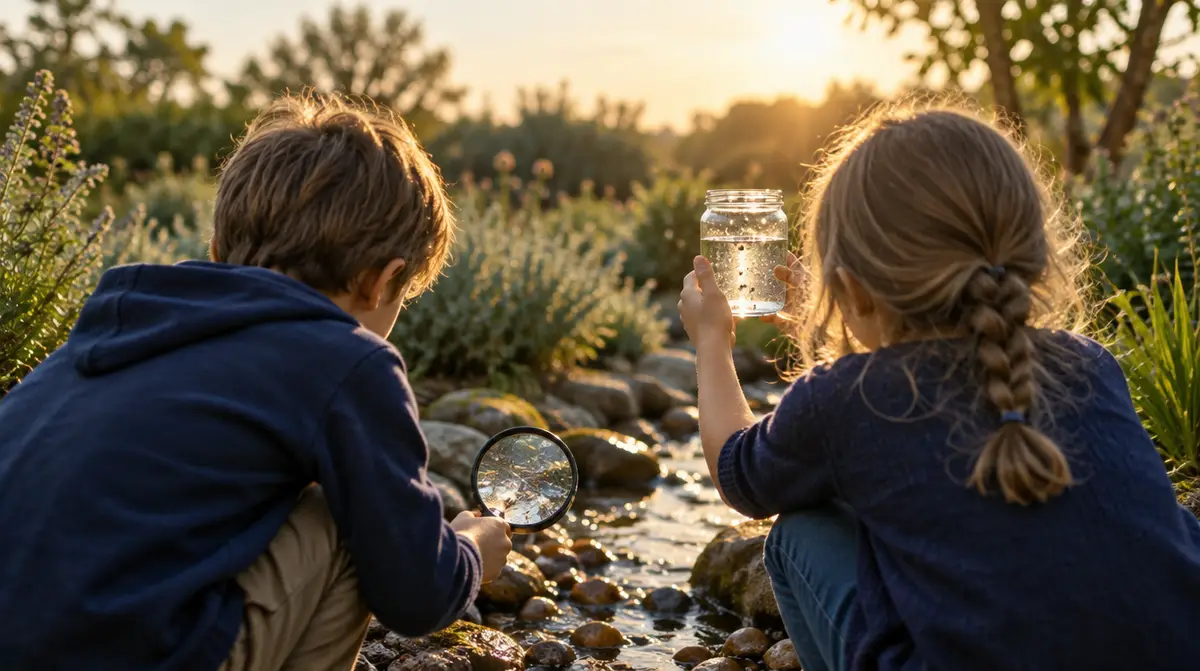 Expérience scientifique à la maison : deux enfants de dos observent des galets à la loupe et un bocal d'eau au bord d'un ruisseau de jardin