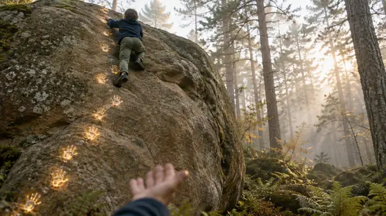 Féliciter son enfant pour ses efforts : un enfant escalade un rocher en forêt, ses empreintes de craie lumineuses retracent chaque tentative tandis qu’un adulte l’encourage