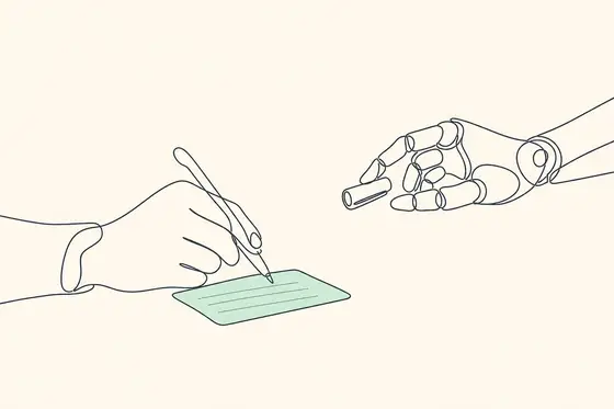 Une main écrit sur une fiche pendant qu'une main mécanique tient le capuchon du stylo