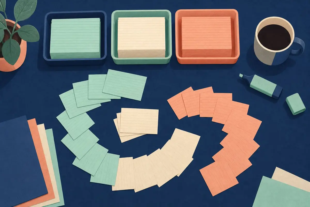 Vue de dessus d'un bureau avec des fiches triées par couleur dans trois bacs