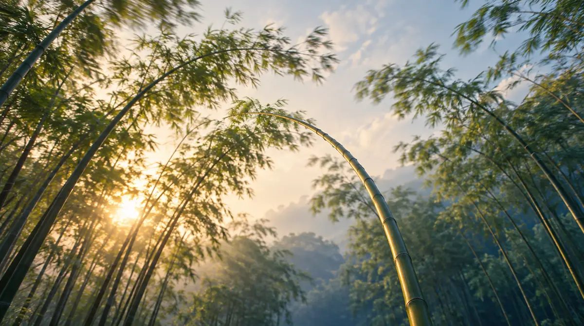 Flexibilité cognitive : des bambous qui ploient dans le vent sans casser, vus en contre-plongée au lever du soleil