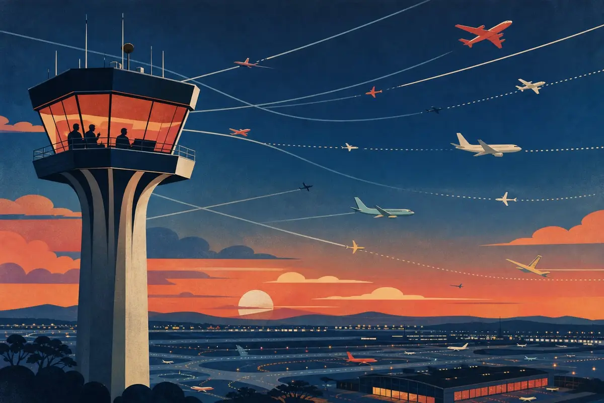 Une tour de contrôle guide de petits avions colorés sur des couloirs aériens bien tracés
