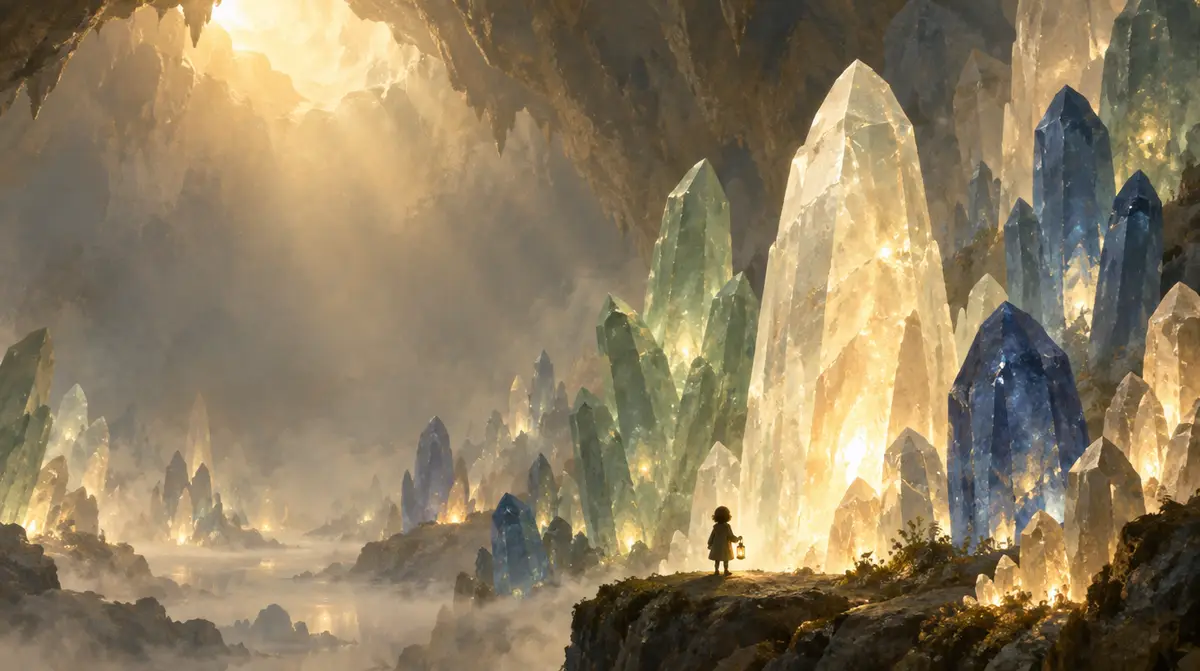 Haut potentiel intellectuel : une petite silhouette avec une lanterne devant d’immenses cristaux lumineux dans une grotte
