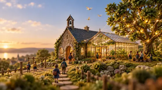 IA à l’école : une école miniature mi-pierre mi-serre au coucher du soleil, des enfants de dos y entrent sous un arbre aux fils de lumière