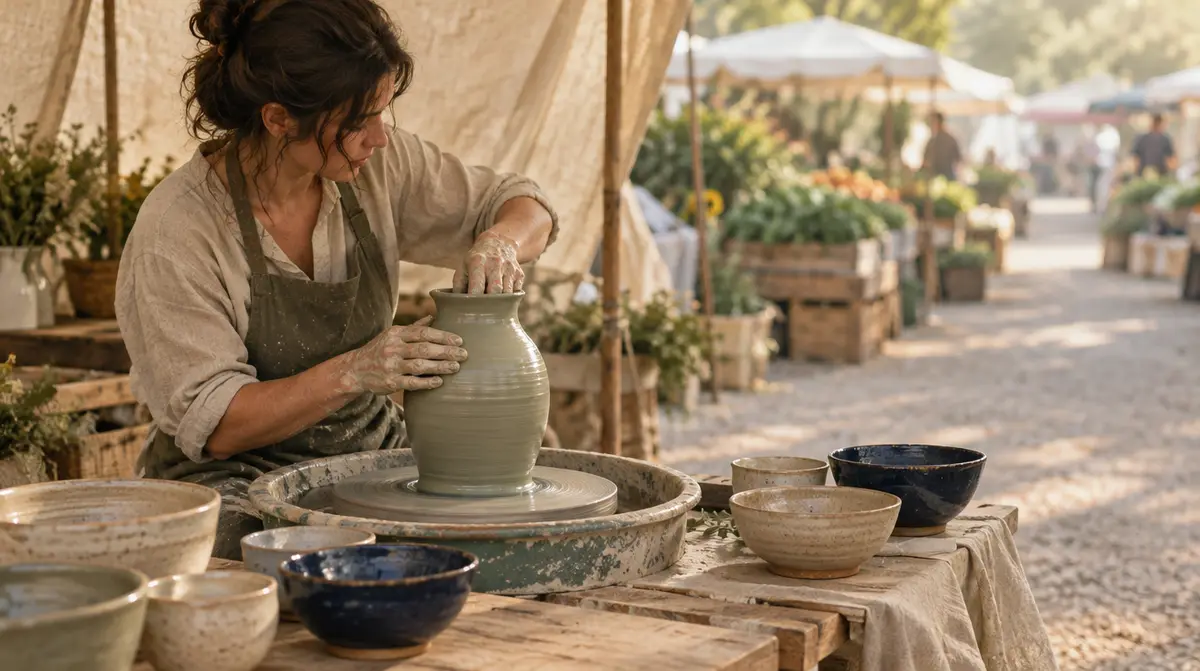 IA et emploi : une artisane céramiste façonne un vase d’argile sur son tour, sur un marché de producteurs au petit matin
