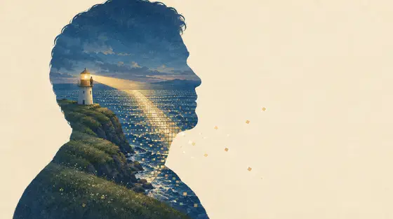 IA générative : silhouette de profil en double exposition où un phare guide de son faisceau une mer faite de milliers de fragments lumineux