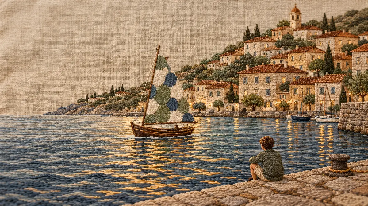 IA pour apprendre une langue : broderie d'un port méditerranéen au crépuscule, un adolescent regarde un voilier à la voile en patchwork vert sauge et bleu marine