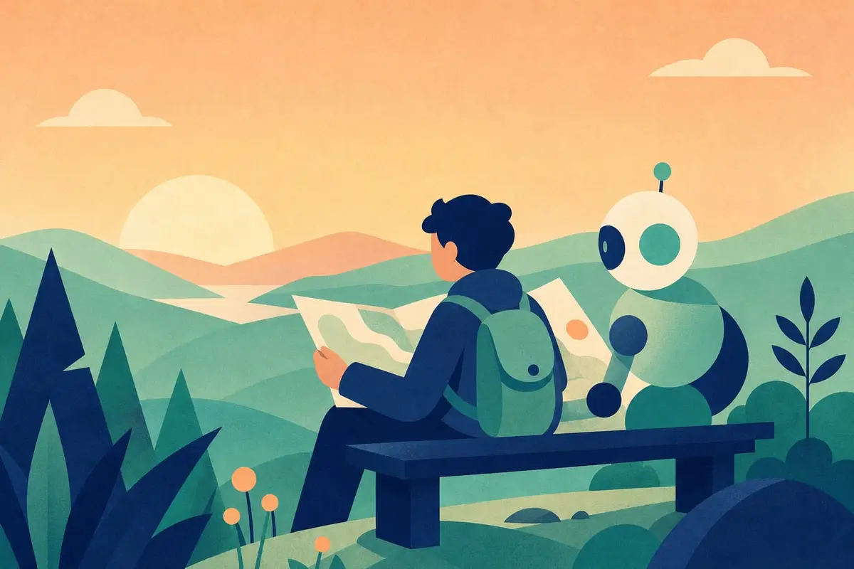 Un étudiant et un robot amical étudient une grande carte sur une colline au lever du soleil