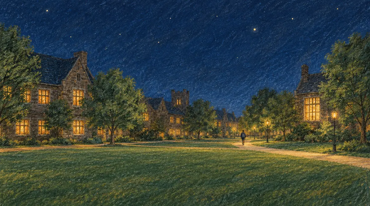 IA pour réviser : campus universitaire de nuit aux fenêtres éclairées, un étudiant marche seul au loin, illustration au pastel à l’huile