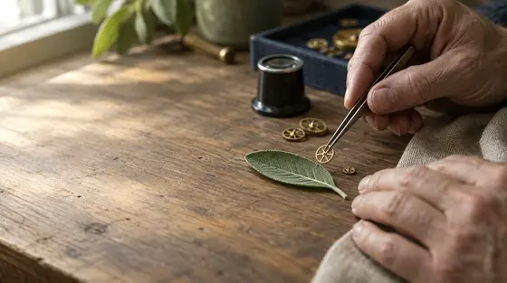 Intelligence artificielle, avantages et inconvénients : mains d’horloger posant un minuscule engrenage près d’une feuille de sauge sur un établi